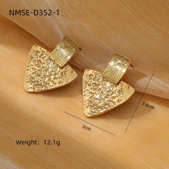 Women's Square And Triangular Pleated Textured Titanium Steel And Stainless Steel 18K Gold Electroplated Earrings Simple Geometric Style