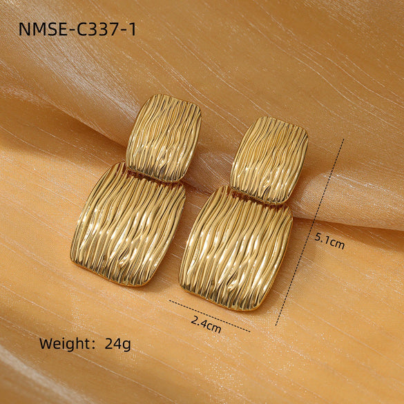 Women's Square And Triangular Pleated Textured Titanium Steel And Stainless Steel 18K Gold Electroplated Earrings Simple Geometric Style