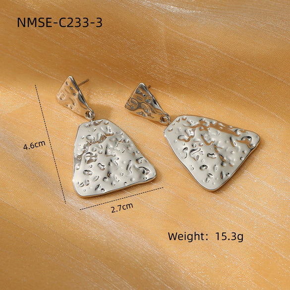 Women's Square And Triangular Pleated Textured Titanium Steel And Stainless Steel 18K Gold Electroplated Earrings Simple Geometric Style