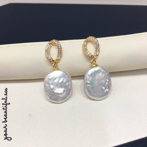 Women's Square Baroque Natural Freshwater Pearl Earrings With Alloy Inlaid Artificial And Semiprecious Stones In Alien Shape