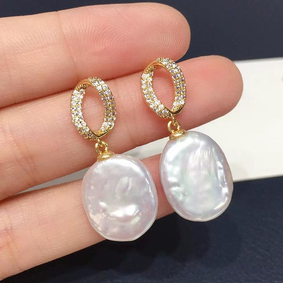 Women's Square Baroque Natural Freshwater Pearl Earrings With Alloy Inlaid Artificial And Semiprecious Stones In Alien Shape