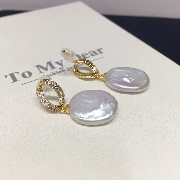 Women's Square Baroque Natural Freshwater Pearl Earrings With Alloy Inlaid Artificial And Semiprecious Stones In Alien Shape