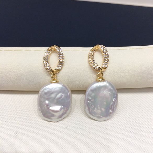 Women's Square Baroque Natural Freshwater Pearl Earrings With Alloy Inlaid Artificial And Semiprecious Stones In Alien Shape