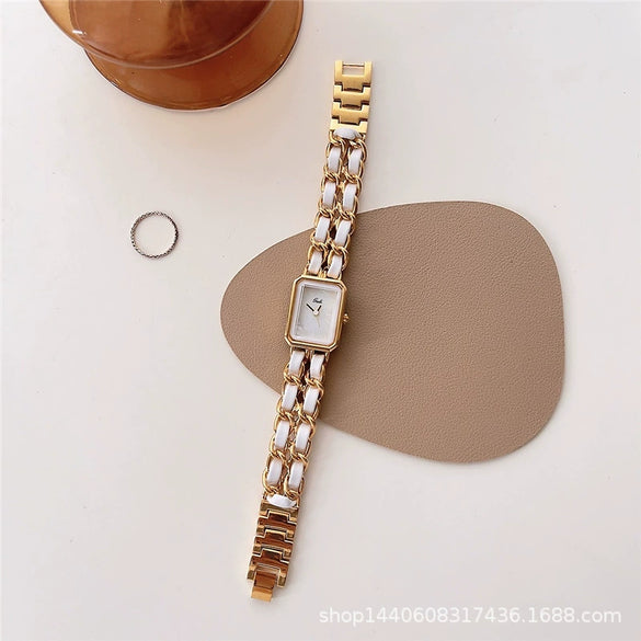 Women's Square Bracelet Watch Alloy Ordinary Glass Mirror Midancient Simple Elegant Light Luxury Niche Retro Woven Strap Leisure Style