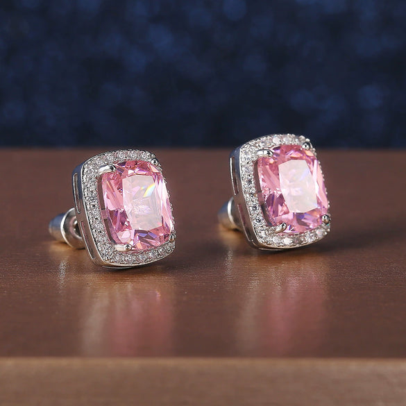 Women's Square Earrings Jewelry Copper Inlaid With Pink Zircon Geometric Style