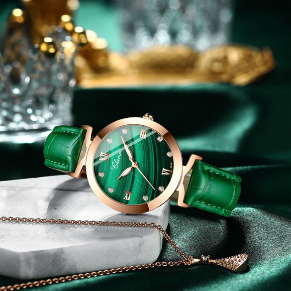 Women's Square Genuine Leather Fashion Waterproof Watch With Peacock Green Stone Pattern