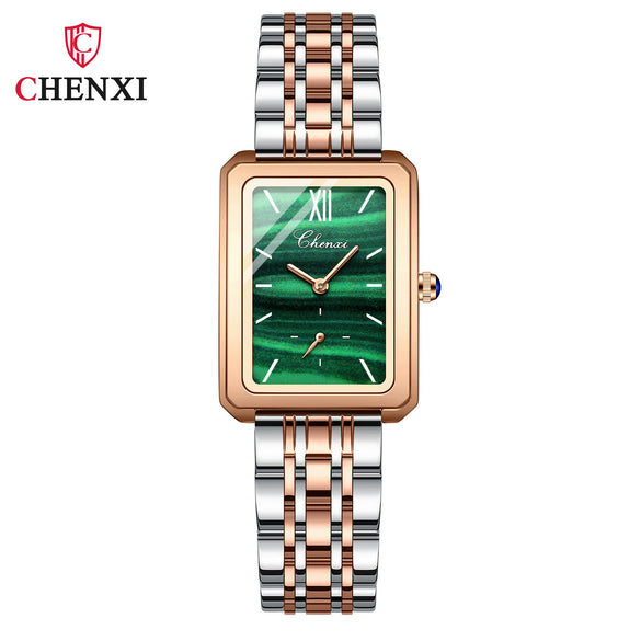 Women's Square Genuine Leather Fashion Waterproof Watch With Peacock Green Stone Pattern