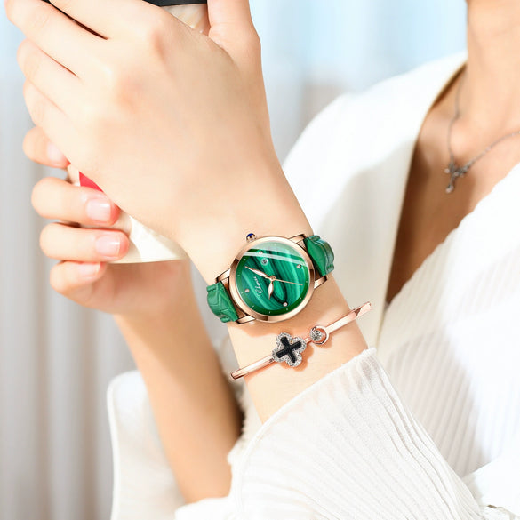 Women's Square Genuine Leather Fashion Waterproof Watch With Peacock Green Stone Pattern