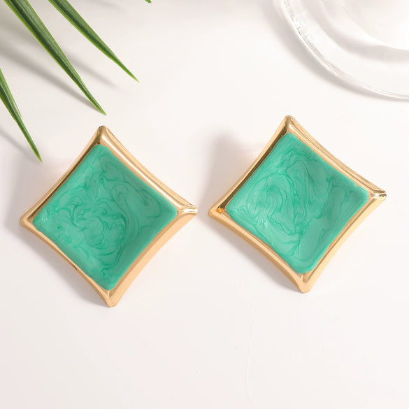 Women's Square Geometric Stud Earrings With Drip Glaze Finish Fashionable Iron Jewelry With Stainless Steel Posts And Sophisticated Style