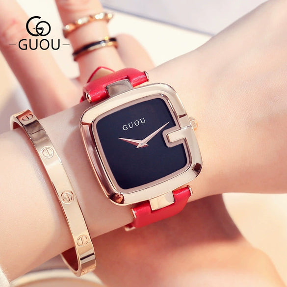Women's Square Leisure Watch Alloy Case Genuine Leather Strap Rose Gold Clasp Mineral Strengthened Glass Mirror