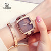 Women's Square Leisure Watch Alloy Case Genuine Leather Strap Rose Gold Clasp Mineral Strengthened Glass Mirror