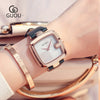 Women's Square Leisure Watch Alloy Case Genuine Leather Strap Rose Gold Clasp Mineral Strengthened Glass Mirror