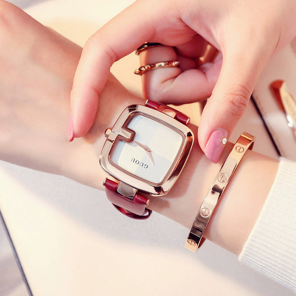 Women's Square Leisure Watch Alloy Case Genuine Leather Strap Rose Gold Clasp Mineral Strengthened Glass Mirror