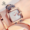 Women's Square Leisure Watch Alloy Case Genuine Leather Strap Rose Gold Clasp Mineral Strengthened Glass Mirror