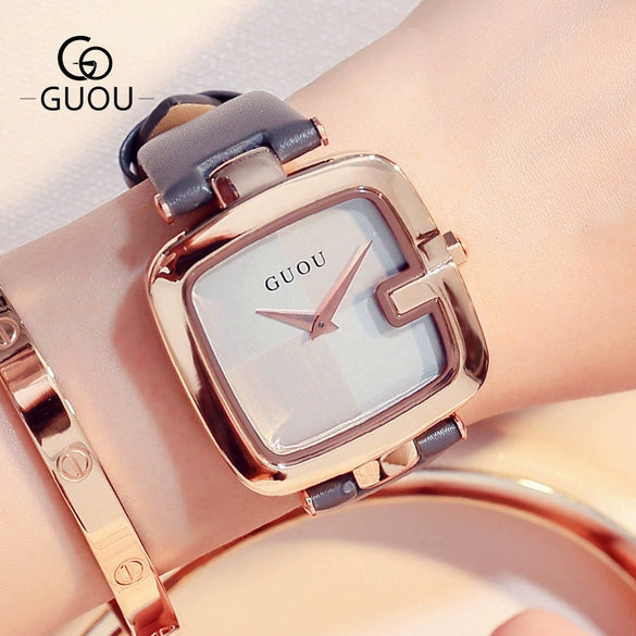 Women's Square Leisure Watch Alloy Case Genuine Leather Strap Rose Gold Clasp Mineral Strengthened Glass Mirror