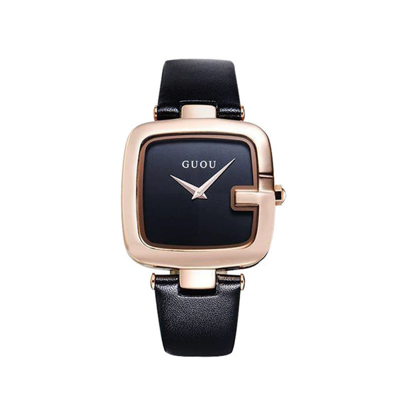 Women's Square Leisure Watch Alloy Case Genuine Leather Strap Rose Gold Clasp Mineral Strengthened Glass Mirror