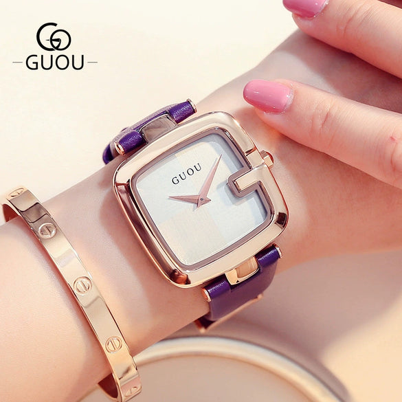 Women's Square Leisure Watch Alloy Case Genuine Leather Strap Rose Gold Clasp Mineral Strengthened Glass Mirror