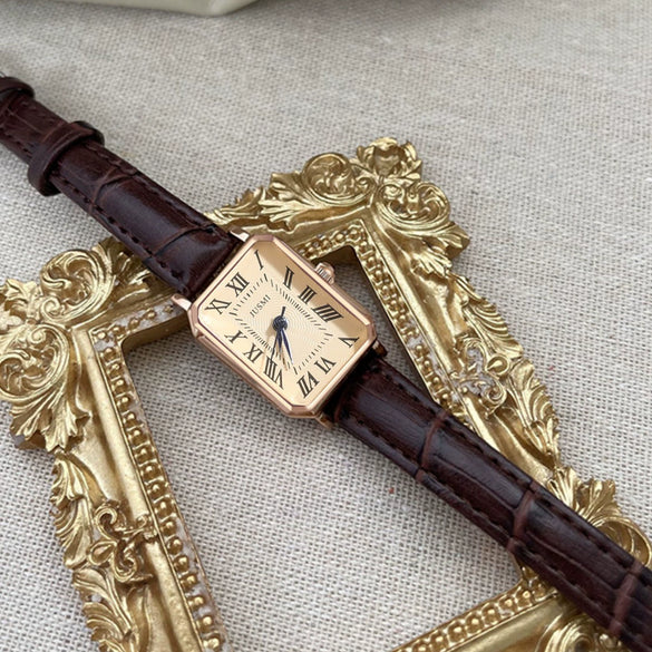 Women's Square Retro Quartz Watch With Pu Strap And Alloy Case