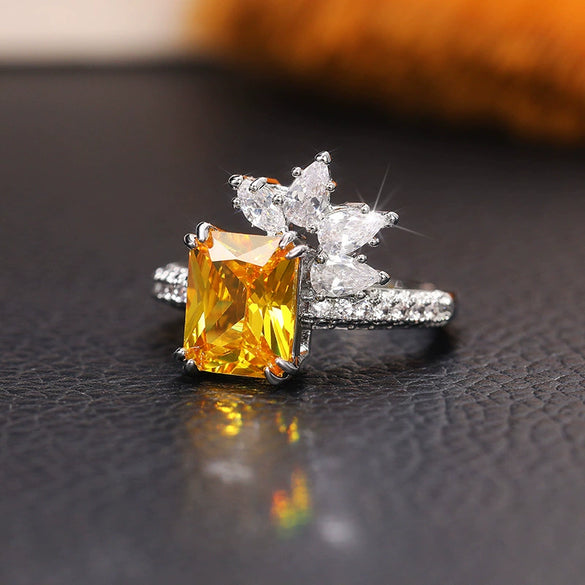 Women's Square Ring Copper With Flower Pattern And Zircon