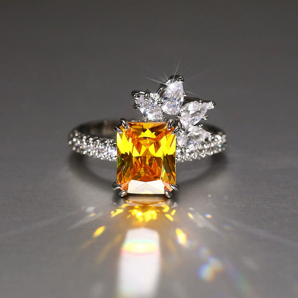 Women's Square Ring Copper With Flower Pattern And Zircon