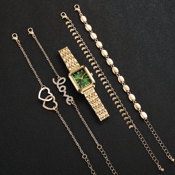 Women's Square Zinc Alloy Case Alloy Strap Quartz Watch With Heart Bracelet Leisure Style