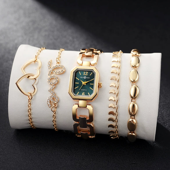 Women's Square Zinc Alloy Case Alloy Strap Quartz Watch With Heart Bracelet Leisure Style