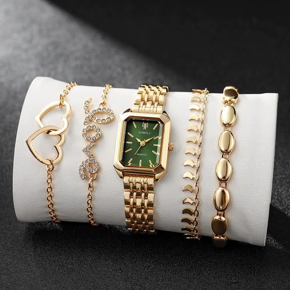 Women's Square Zinc Alloy Case Alloy Strap Quartz Watch With Heart Bracelet Leisure Style