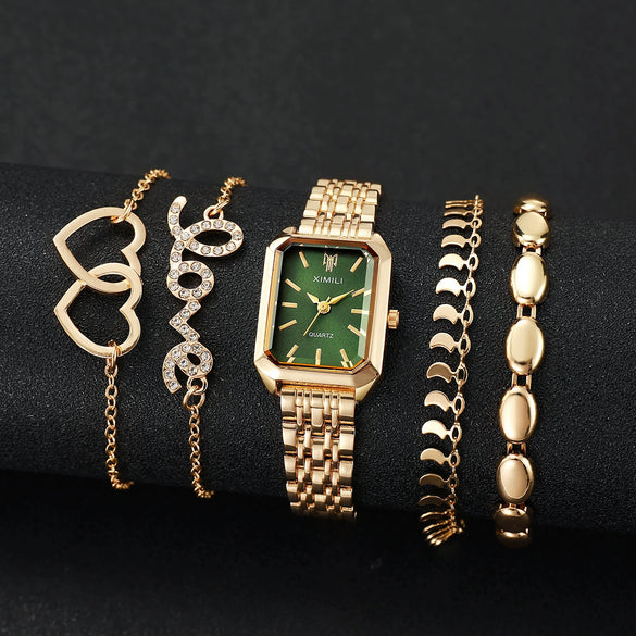 Women's Square Zinc Alloy Case Alloy Strap Quartz Watch With Heart Bracelet Leisure Style