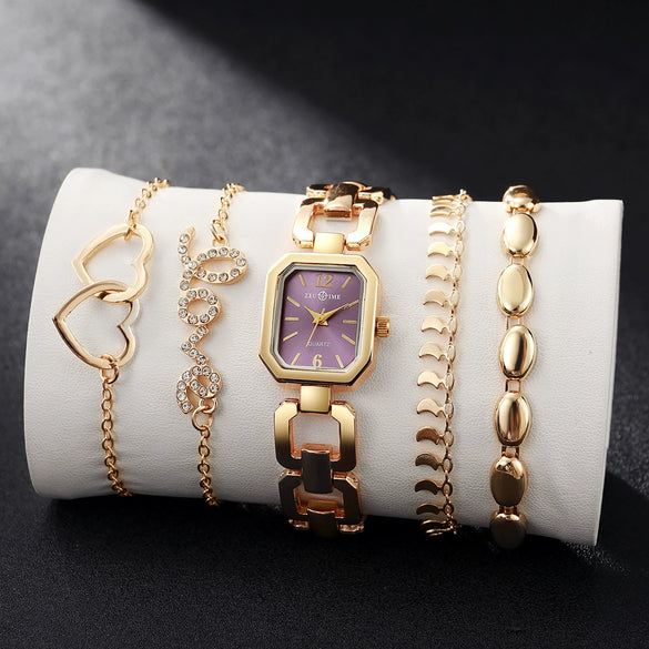 Women's Square Zinc Alloy Case Alloy Strap Quartz Watch With Heart Bracelet Leisure Style