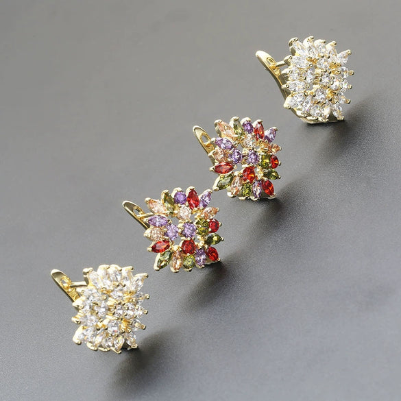 Women's Square Zircon Flower Earrings Fashion Full Stone Ear Buckle Style Natural Floral Design