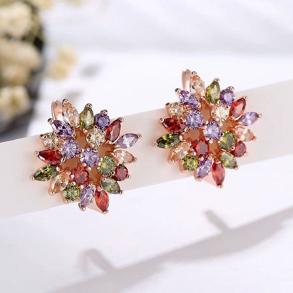 Women's Square Zircon Flower Earrings Fashion Full Stone Ear Buckle Style Natural Floral Design