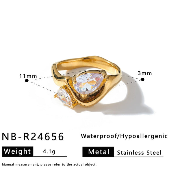 Women’s Stainless Steel Adjustable Drop Ring With Zirconia Rhinestone And Cat Eye Stone 18K Vacuum Electroplated Fashion Jewelry