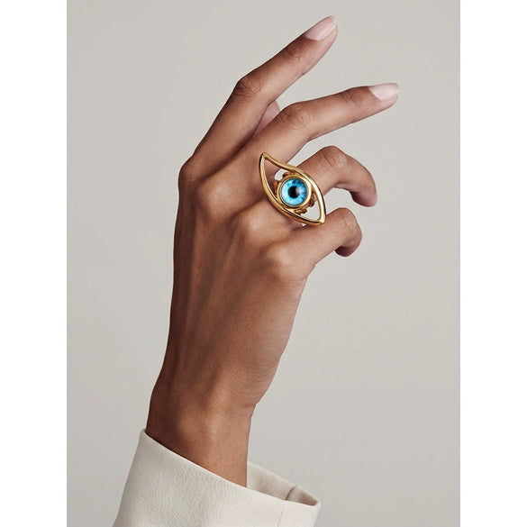 Women's Stainless Steel Adjustable Geometric Ring With Blue Eye Design And 18K Vacuum Electroplated Finish