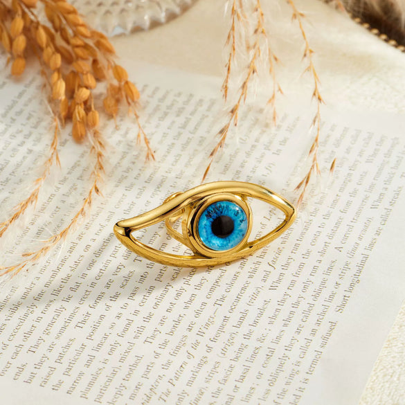 Women's Stainless Steel Adjustable Geometric Ring With Blue Eye Design And 18K Vacuum Electroplated Finish
