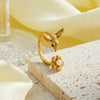 Women's Stainless Steel Adjustable Open Ring With Flower Design Pearls Rhinestones And 18K Vacuum Plated Finish