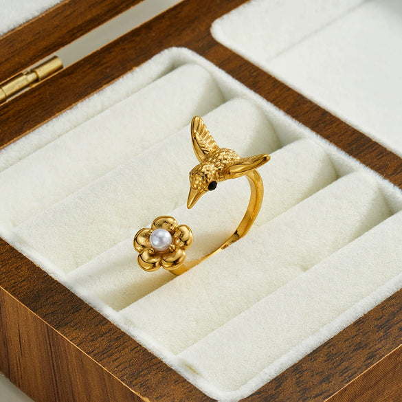 Women's Stainless Steel Adjustable Open Ring With Flower Design Pearls Rhinestones And 18K Vacuum Plated Finish