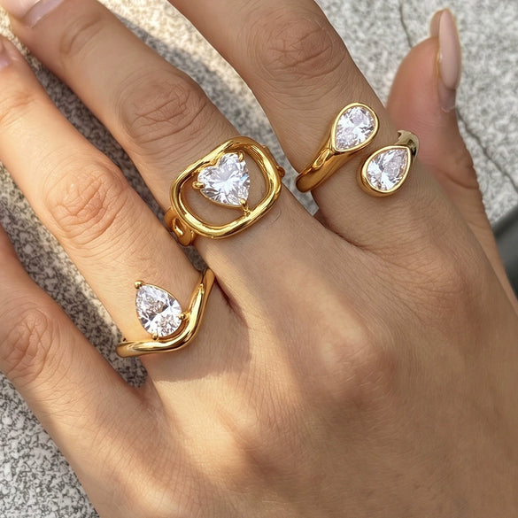 Women's Stainless Steel Adjustable Open Ring With Geometric Teardrop Heart Pattern And Zircon Accents 18K Vacuum Electroplated Finish