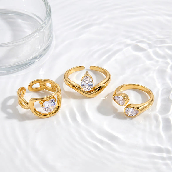 Women's Stainless Steel Adjustable Open Ring With Geometric Teardrop Heart Pattern And Zircon Accents 18K Vacuum Electroplated Finish