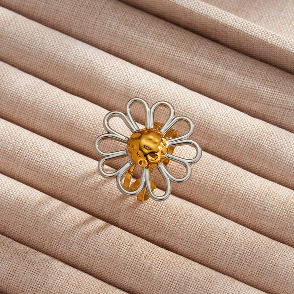 Women's Stainless Steel Adjustable Open Ring With Hollow Flower Geometric Design And Vacuum Plated Non Fading Finish