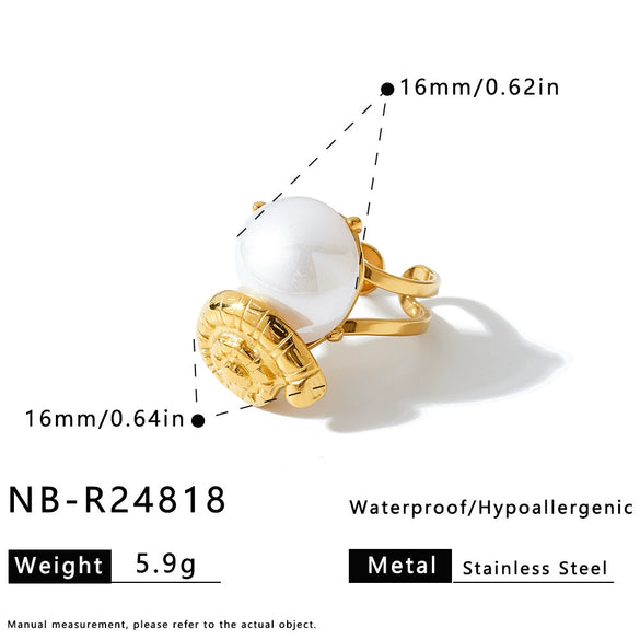 Women's Stainless Steel Adjustable Open Ring With Starfish Conch And Pearl Inlay 18K Vacuum Plated Geometric Jewelry