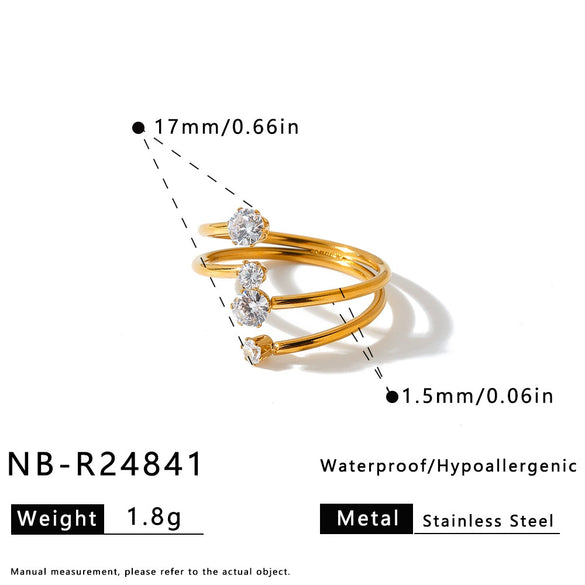 Women's Stainless Steel Adjustable Ring With Zircon Studs Geometric Line Design And Vacuum Electroplated Finish