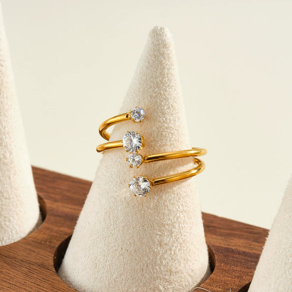 Women's Stainless Steel Adjustable Ring With Zircon Studs Geometric Line Design And Vacuum Electroplated Finish