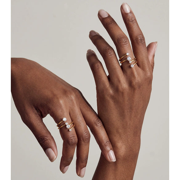 Women's Stainless Steel Adjustable Ring With Zircon Studs Geometric Line Design And Vacuum Electroplated Finish