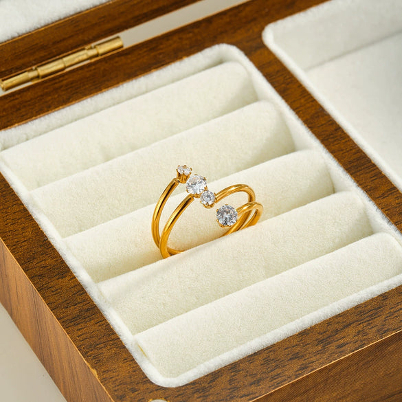 Women's Stainless Steel Adjustable Ring With Zircon Studs Geometric Line Design And Vacuum Electroplated Finish