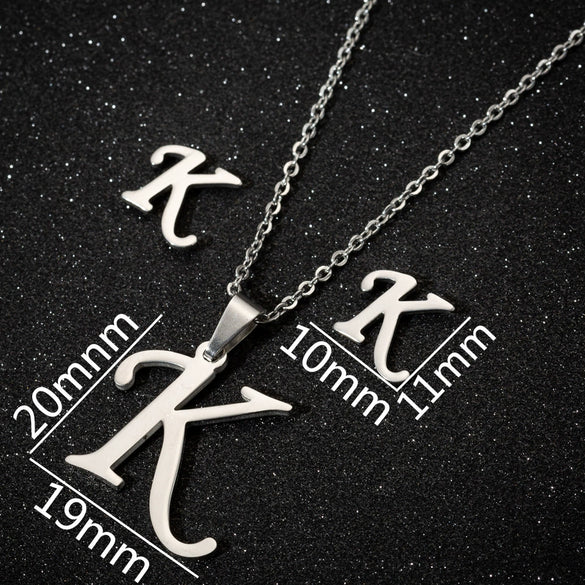 Women's Stainless Steel Alphabet Letter Pendant Necklace And Earring Set With Electroplated Finish And Simple Ochain Design