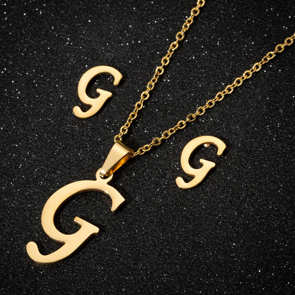 Women's Stainless Steel Alphabet Letter Pendant Necklace And Earring Set With Electroplated Finish And Simple Ochain Design