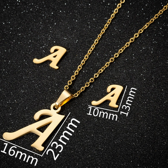Women's Stainless Steel Alphabet Letter Pendant Necklace And Earring Set With Electroplated Finish And Simple Ochain Design