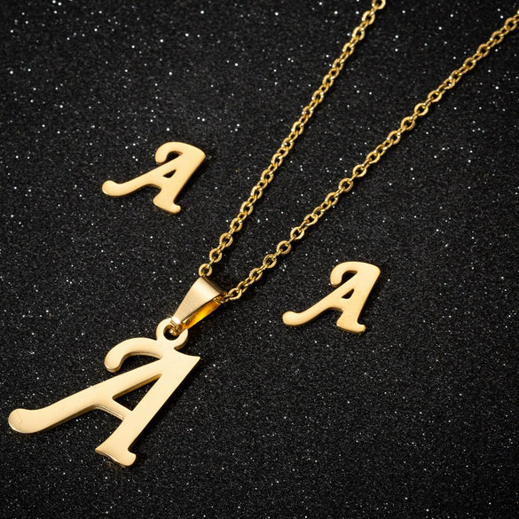 Women's Stainless Steel Alphabet Letter Pendant Necklace And Earring Set With Electroplated Finish And Simple Ochain Design