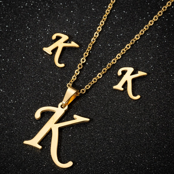Women's Stainless Steel Alphabet Letter Pendant Necklace And Earring Set With Electroplated Finish And Simple Ochain Design