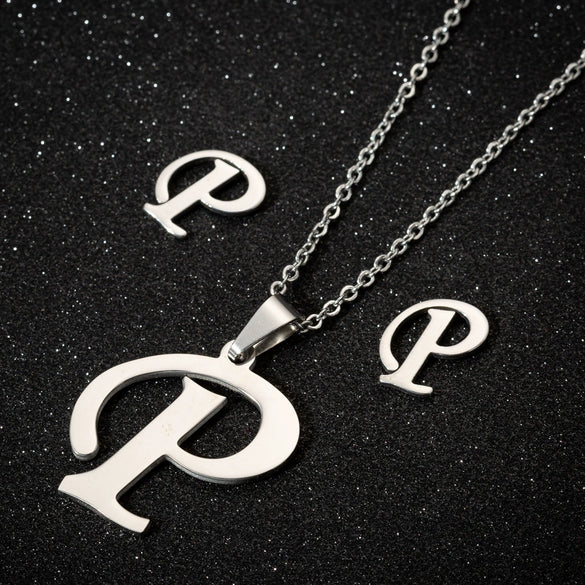 Women's Stainless Steel Alphabet Letter Pendant Necklace And Earring Set With Electroplated Finish And Simple Ochain Design